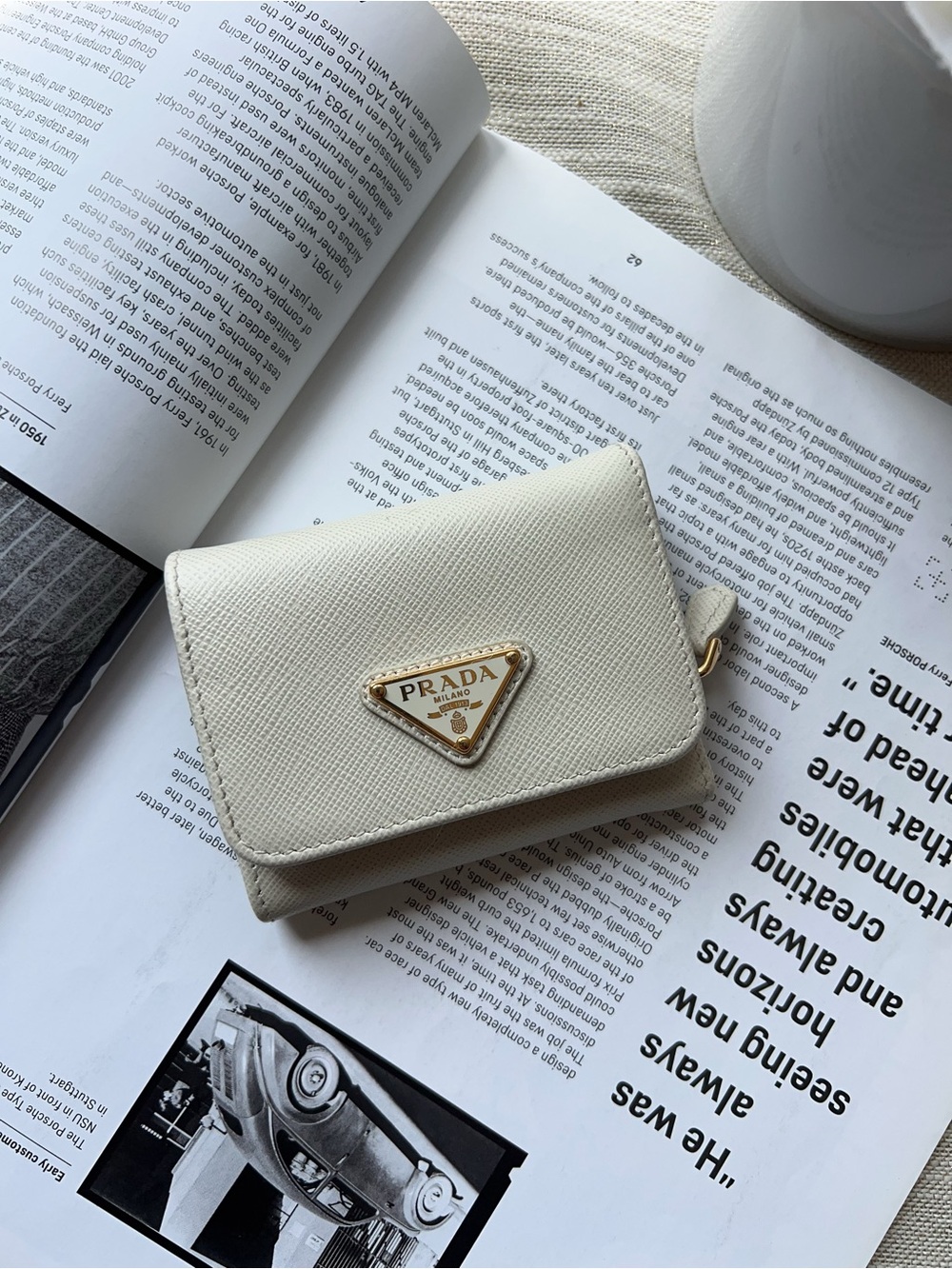 Prada Tri-fold Wallet Saffiano Triangle White